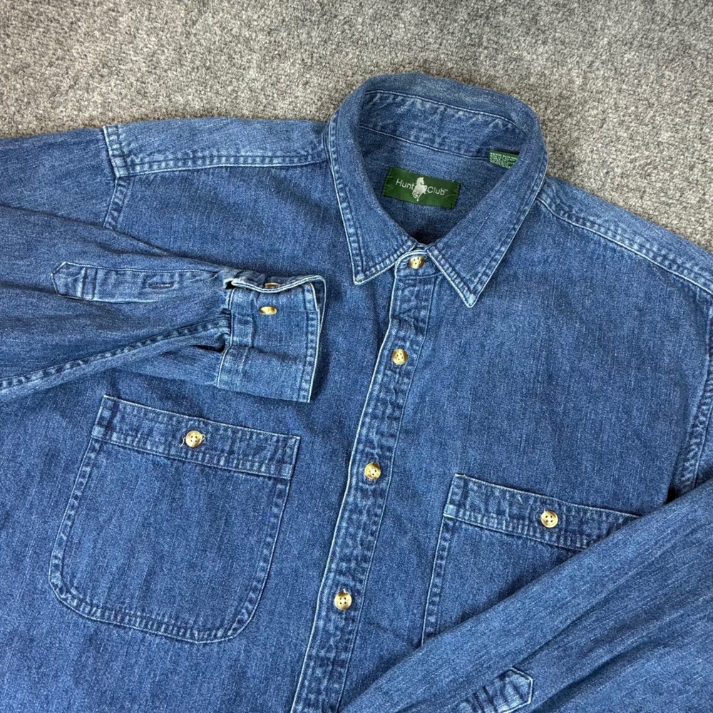 Hunt Club Men Blue Denim Button Down Shirt Tall Large LT 100% Cotton Long Sleeve